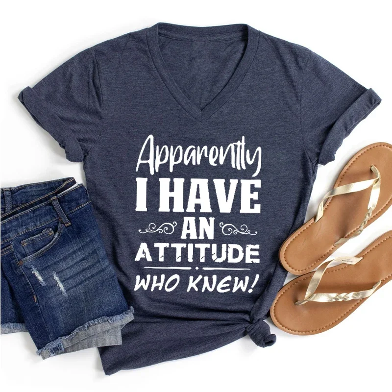 

Funny Summer T Shirt I Have An Attitude Fashion Print Tees Lady Casual Fashion T Shirts Female Aesthetic Clothes V-neck Tops Tee