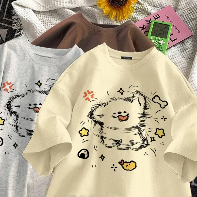 Pure Cotton Short Sleeved T-shirt for Men and Women in Summer New Loose American Style Puppy Print Instagram Couple Clothes Top
