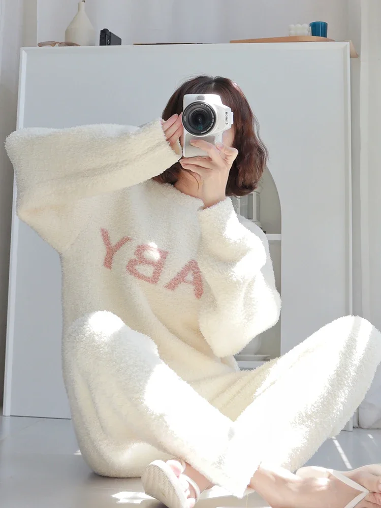 

Pajama Sets Women Baggy Yellow Sleepwear Home Comfortable Two Piece Winter Thick Warm Girlish Sweet Japanese Style Basics