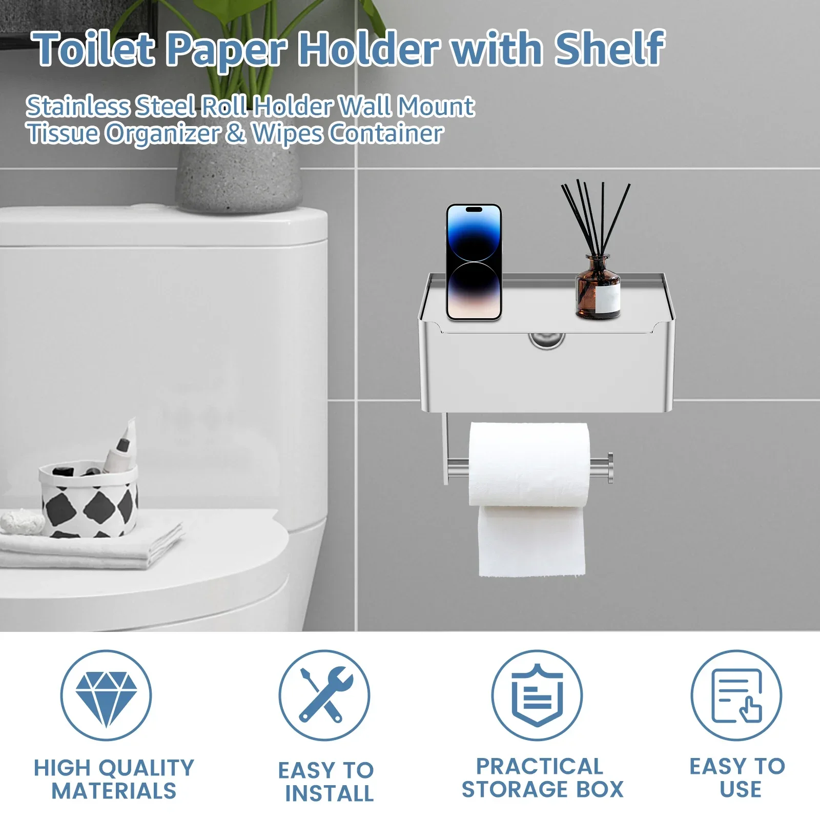 Description Picture 4 of itemToilet Paper Holder Stainless Steel Bathroom Roll Holder with Storage Box Wall Mounted WC Paper Phone Holders Home Towel Holder