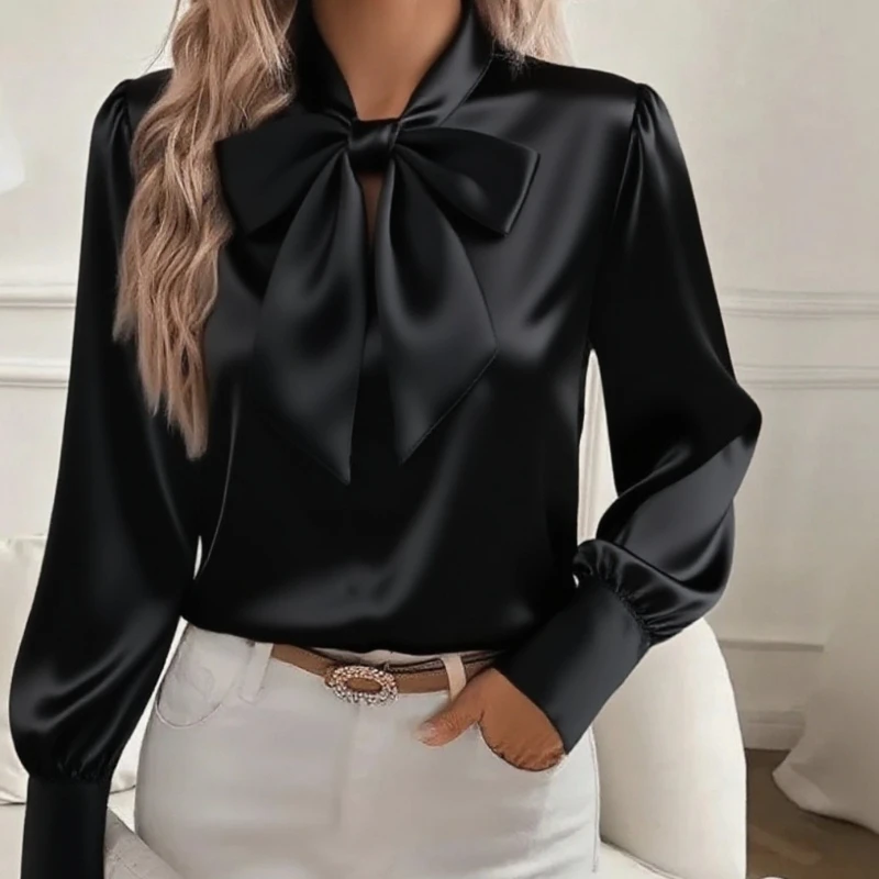 New Spring and Autumn Women's Bow Lace-up Satin Long-sleeved Shirt Elegant Fashion Solid Color Satin Vintage Blouse Fall Clothes