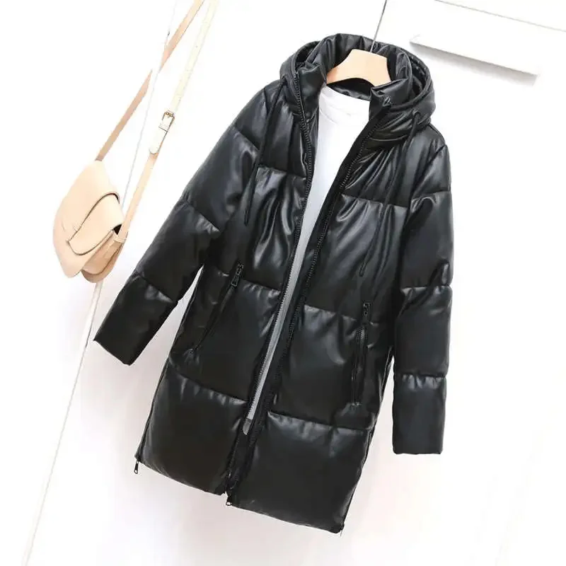 

Hooded Waterproof Faux PU Leather Long Winter Jacket Women Fashion Black Warm Quilted Coats Cotton Padded Jackets Outwear C7685