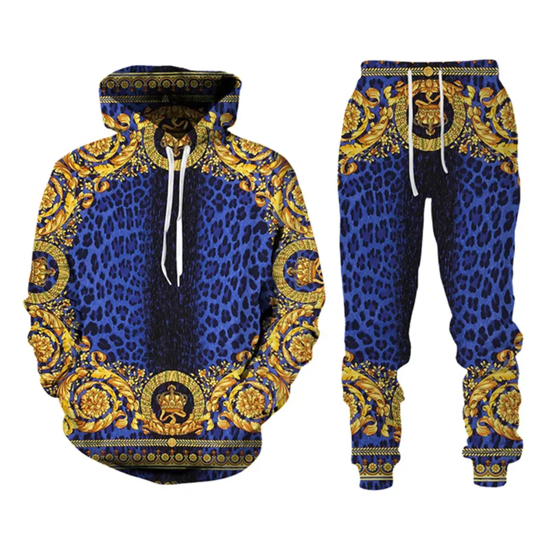thumbnail image 1 of Conjunto de 2 sudaderas con capucha y cadena de lujo para hombre, con estampado 3D de cuerpo completo, estilo retro, estilo corte, pantalón y traje, primavera y otoño, 1 of 5