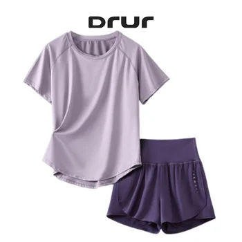 DRUR 2pcs Yoga Set Women Summer Sports Suit 2 Piece Sportswear Outfits Female Short Sleeve Fitness Tops Running Shorts Sets New 1