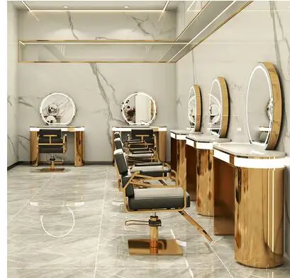 Barber shop wireless charging with lamp marble double-sided single-sided four or six sided stainless steel mirror table special