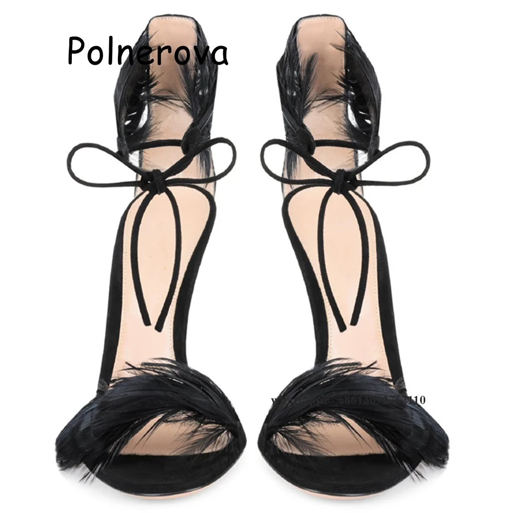 

Black Feather Women Sandals Party Buckle Strap Leather Sandals Female Open Toe High Stiletto Heels One Word Belt Luxury Shoes