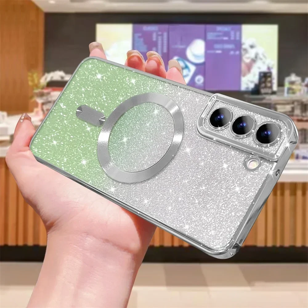 Glitter Magnetic Case For Samsung Galaxy S26 S24 Ultra S23 S22 S21 S25 Plus S20 FE A56 A55 A36 A17 Plating Wireless Bright Cover