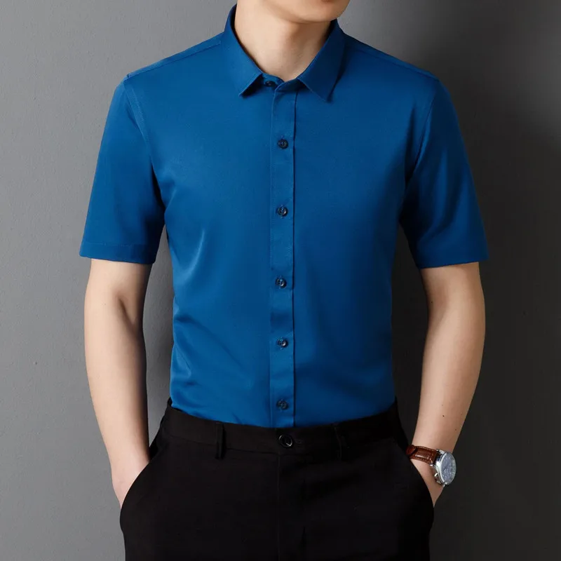 Classic Men's Shirt Summer Short Sleeve Business Formal Fit Soft Anti Wrinkle Social Smooth Workwear Blue Black Grey Large 5XL 4
