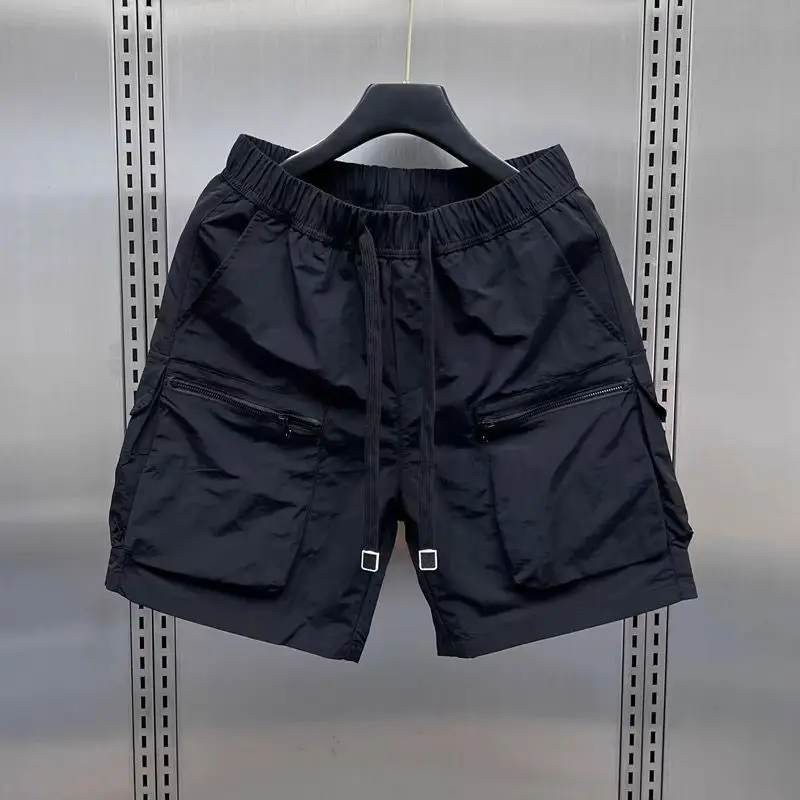 Summer New Men's 2024 Patchwork Elastic Waist Drawstring Loose-fitting Pocket Zipper Fashion Solid Color All Match Casual Shorts