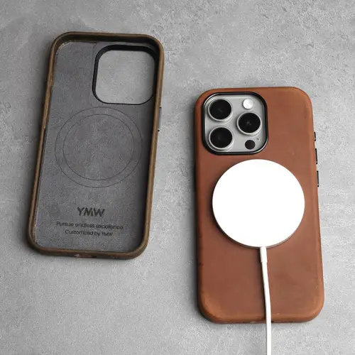 YMW Scratc Crazy Horse Genuine Leather Case for iPhone 16 15 Pro Max Plus 14 13 mini Magnetic PULL-UP Cowhide Phone Cover - Image 5