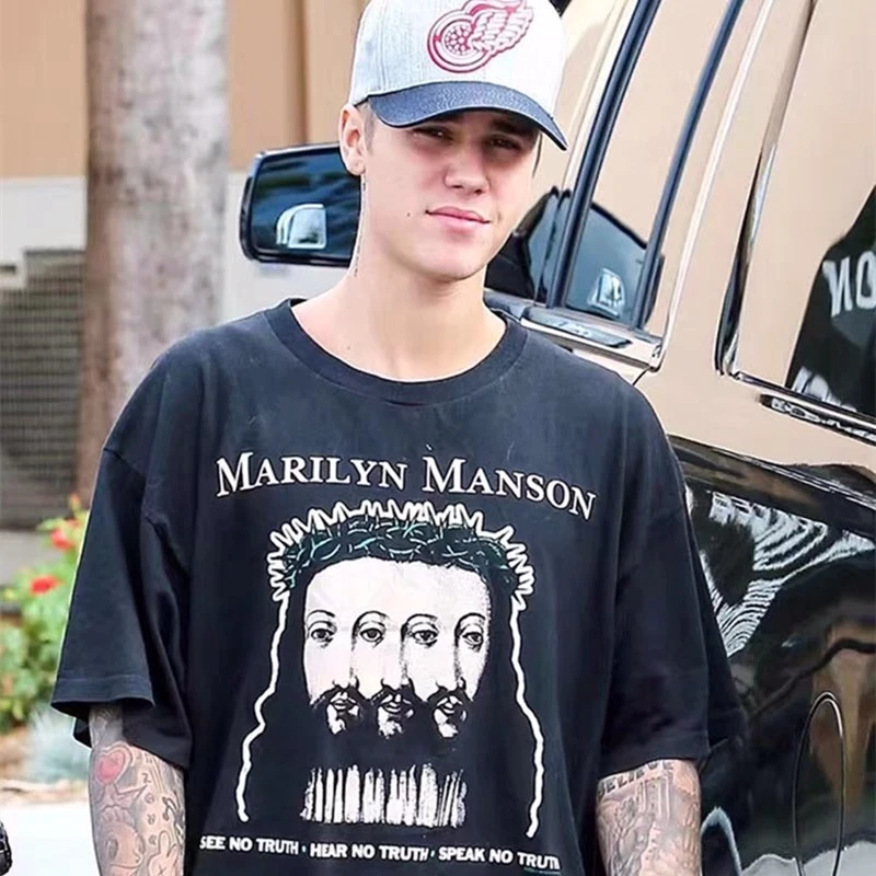 

Vintage Manson Printed Short Sleeved High Street Washed Portrait Oversize Casual Loose Cotton Round Neck T-shirt Japanese FOG