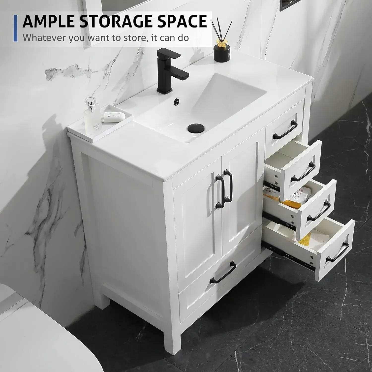 36" Bathroom Vanities Cabinet with Sink Combo Set Undermount Ceramic Sink w/Thickened Wood Painted Surface White 4