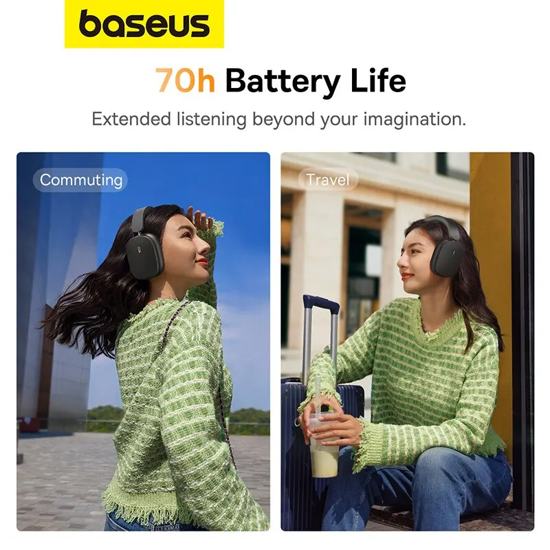 Baseus H1 무선 헤드폰, ANC 액티브 노이즈 캔슬링 이어폰, 블루투스 5.2, 4 마이크, ENC 캔슬링 오버 더 이어 헤드셋, 40dB