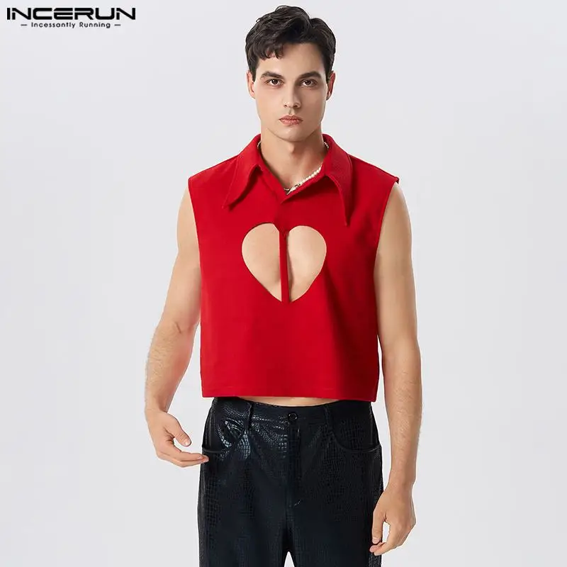 

Party Nightclub Style Tops INCERUN Men Fashion Sexy Hollow Love Pattern Waistcoat Male Solid Well Fitting Sleeveless Vests S-5XL