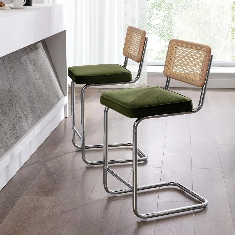 Modern Velvet Rattan Counter Height Bar Stools Set