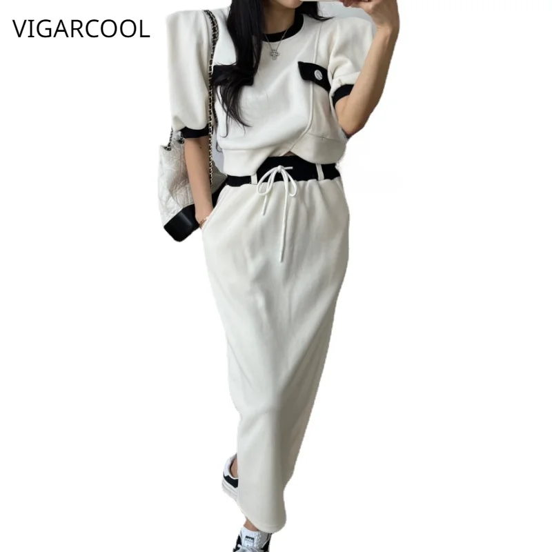 

New Little Fragrance Style Fried Street Set Women's Summer Bubble Short Sleeve Short Top Elastic Waist Straight Split Half Skirt