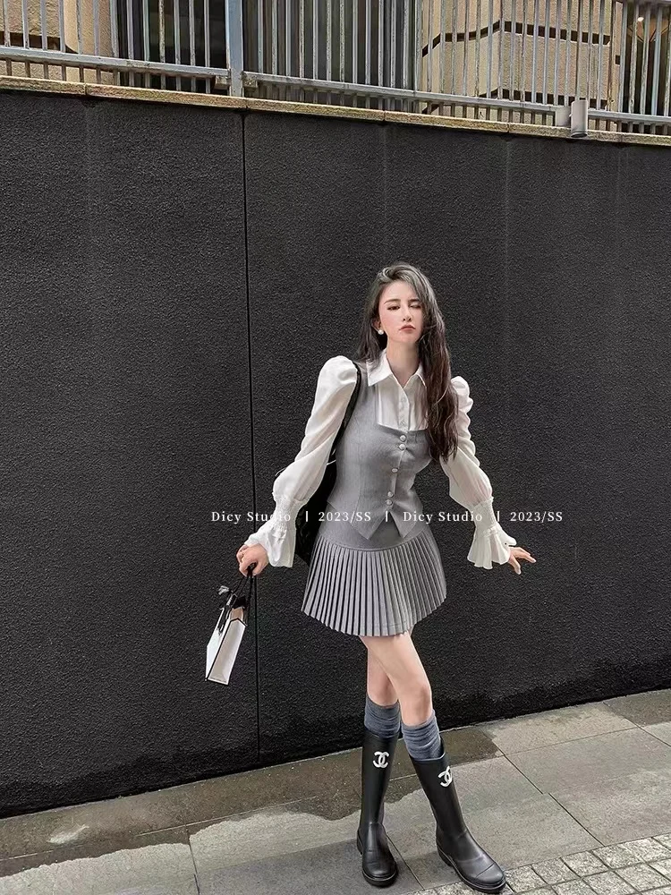 Sweet 3 Piece Set Women Flare Sleeve Shirt Square Collar Vest Pleated Mini Skirt Autumn Spring Solid Y2K Korean Chic Outfits New