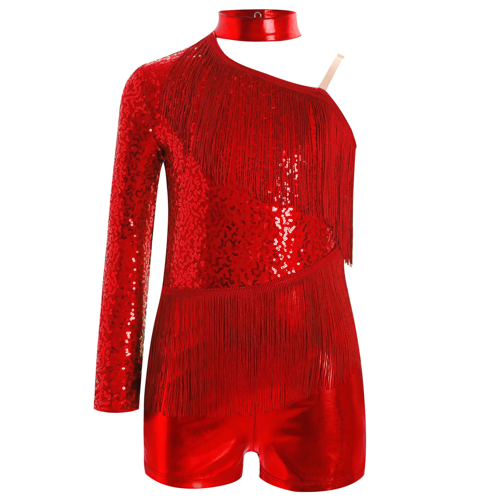 thumbnail image 1 of Traje de baile latino Cha-Cha Tango para niñas, mono metálico con borlas, cuello Halter, un hombro, lentejuelas brillantes, leotardo de patinaje artístico, 1 of 5