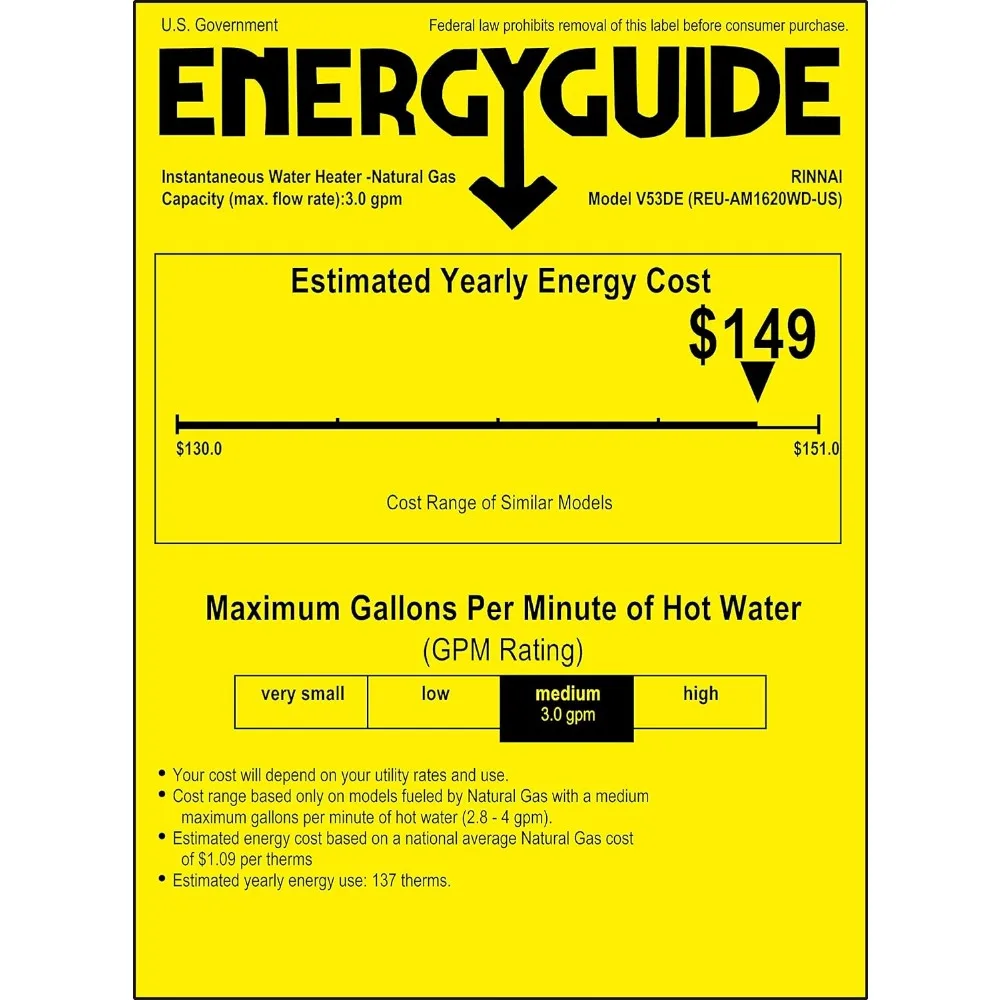 V53DeN Tankless Hot Water Heater, 5.3 GPM, Natural Gas, Outdoor Installation