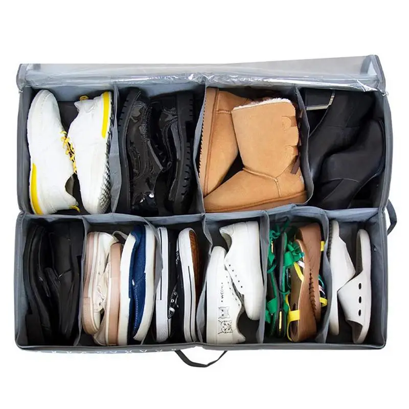 12 Grids Under Bed Shoe Storage Box Sturdy Portable Organizer with Smooth Zipper Clear Shoe Closet Dustproof Storage Bags