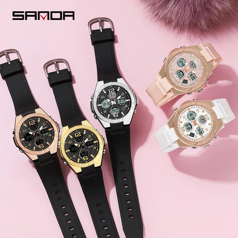 SANDA Sports Women Watches Fashion Casual Waterproof LED Digital Watch Female Wristwatches For Women Clock Relogio Feminino 6062