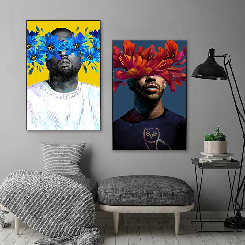 Abstract Hip Hop Rapper Flowers Face Canvas Painting Wall Art Posters ...