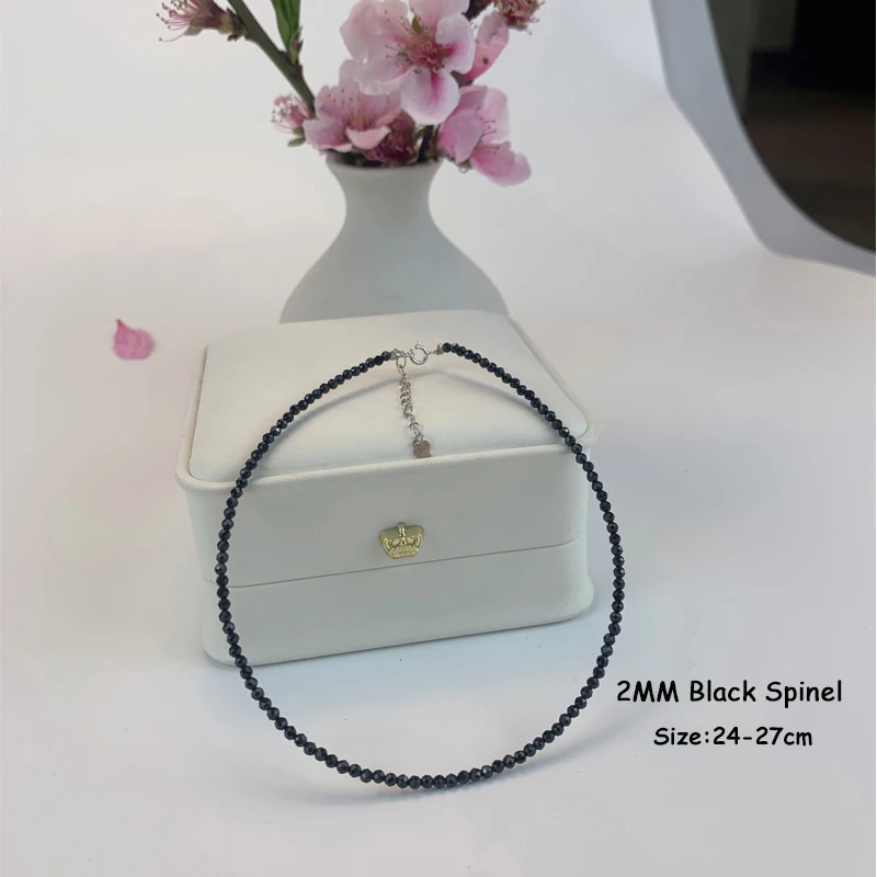 Anklet 925 Silver Jewelry Bead Foot Chain 24-27cm Natural Stone 2MM Tourmaline Black Spinel for Women