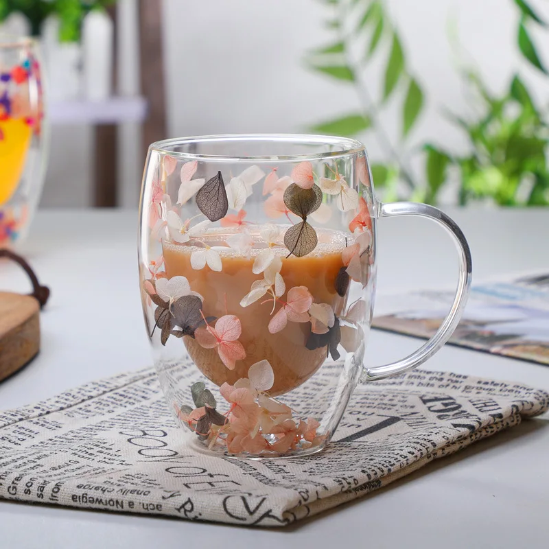 Glass Cup With Flowers Double Wall Glass Cup 350ml Coffee Cup Double Wall Glass  Mug Dried Flowers In Glass Transparent Glass Cup - Glass - AliExpress