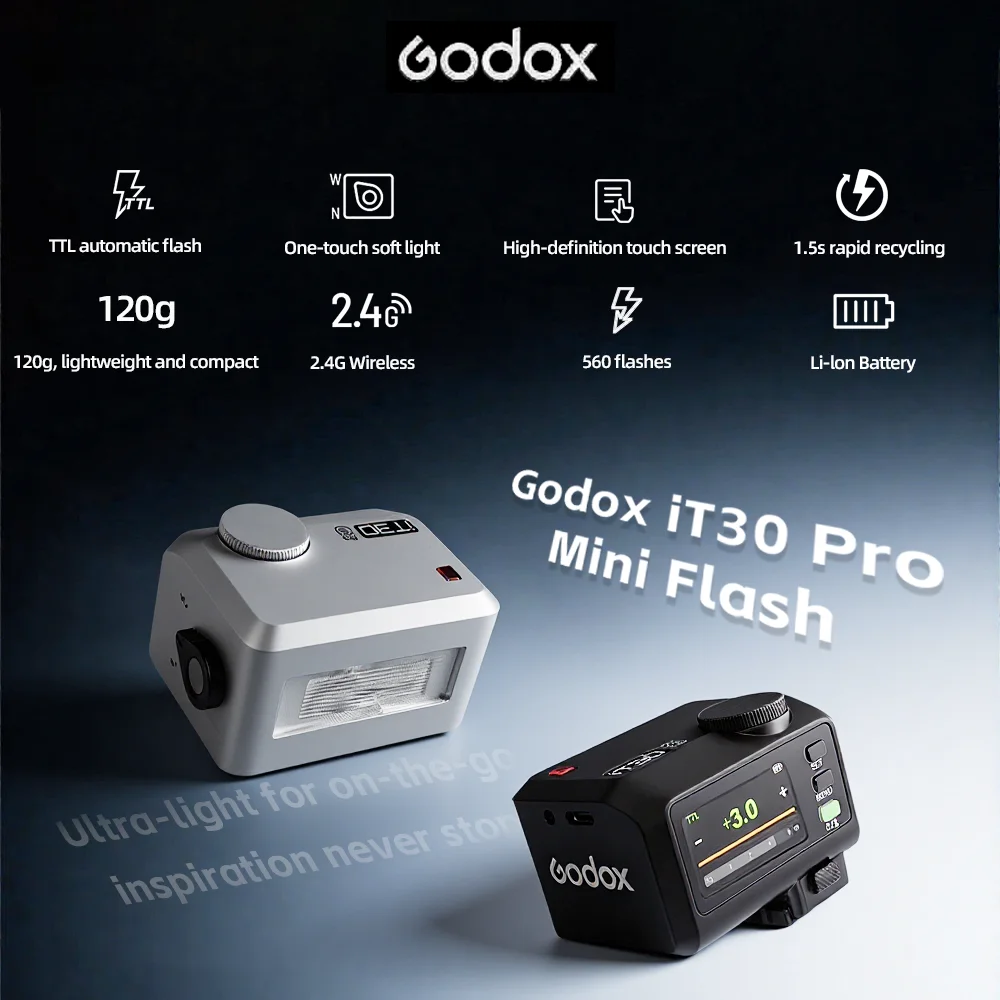 새로운 Godox iT30Pro 미니 세트 탑 플래시 터치 스크린 레트로 라이트 리튬 TTL 고속 동기화 소형 휴대용 120g 경량