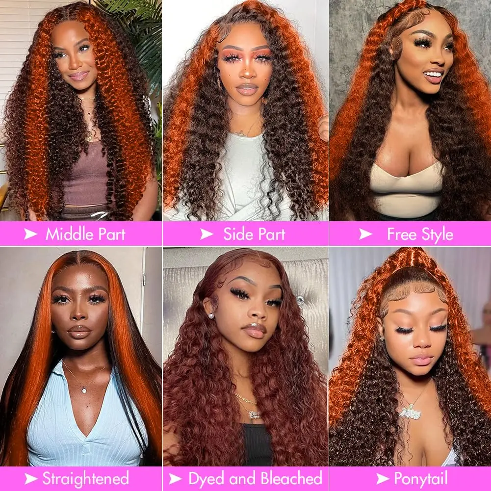 Orange Highlight Colored Deep Wave Lace Front Wigs Human Hair Pre Plucked 13x6 HD Lace Front Wigs Ginger Curly Human Hair Wig