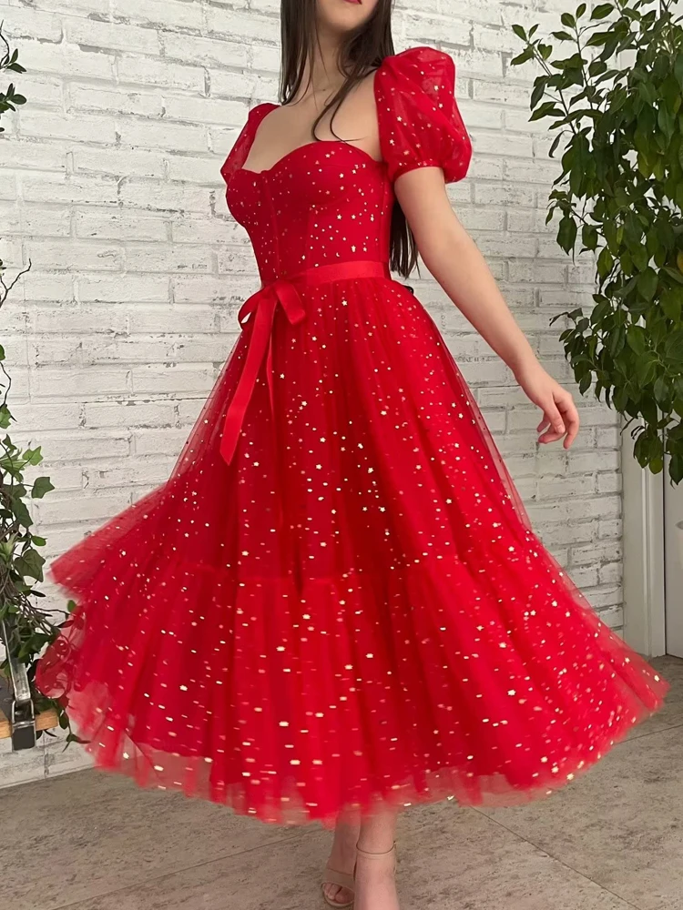 

Women's Sparkle Starry Tulle Puffy Sleeve Prom Dresses Formal Evening Gowns for Women