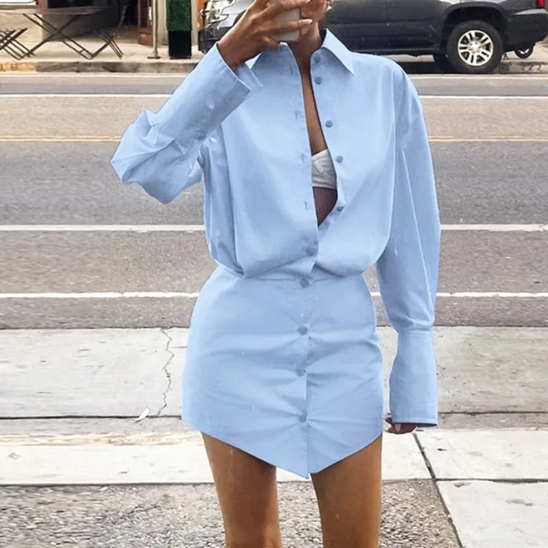 

French Commuting Blue Shirt Dress for Women Temperament 2024 Summer New Fashion Profession Women's Slim Elegant Wrap Hip Dresses