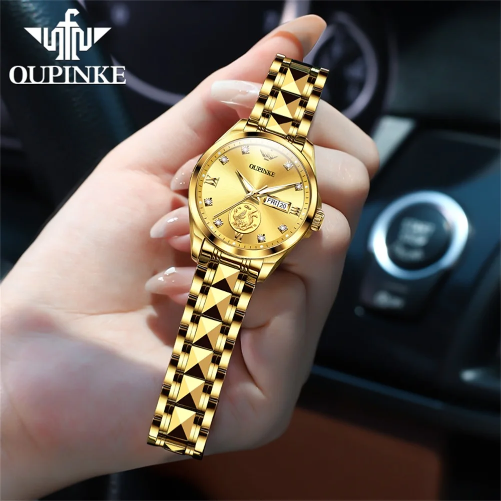 OUPINKE 3259 Japan Automatic Watches For Women Elegant Luxury Tungsten Steel Dual Calendar Real Gold Mechanical Woman Wristwatch