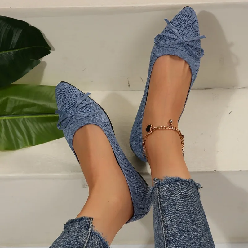 New Women's Knitted Slip on Flats Breathable Comfortable Bowtie Walking Shoes Casual Pointed Toe Walking Sneakers Loafers 2