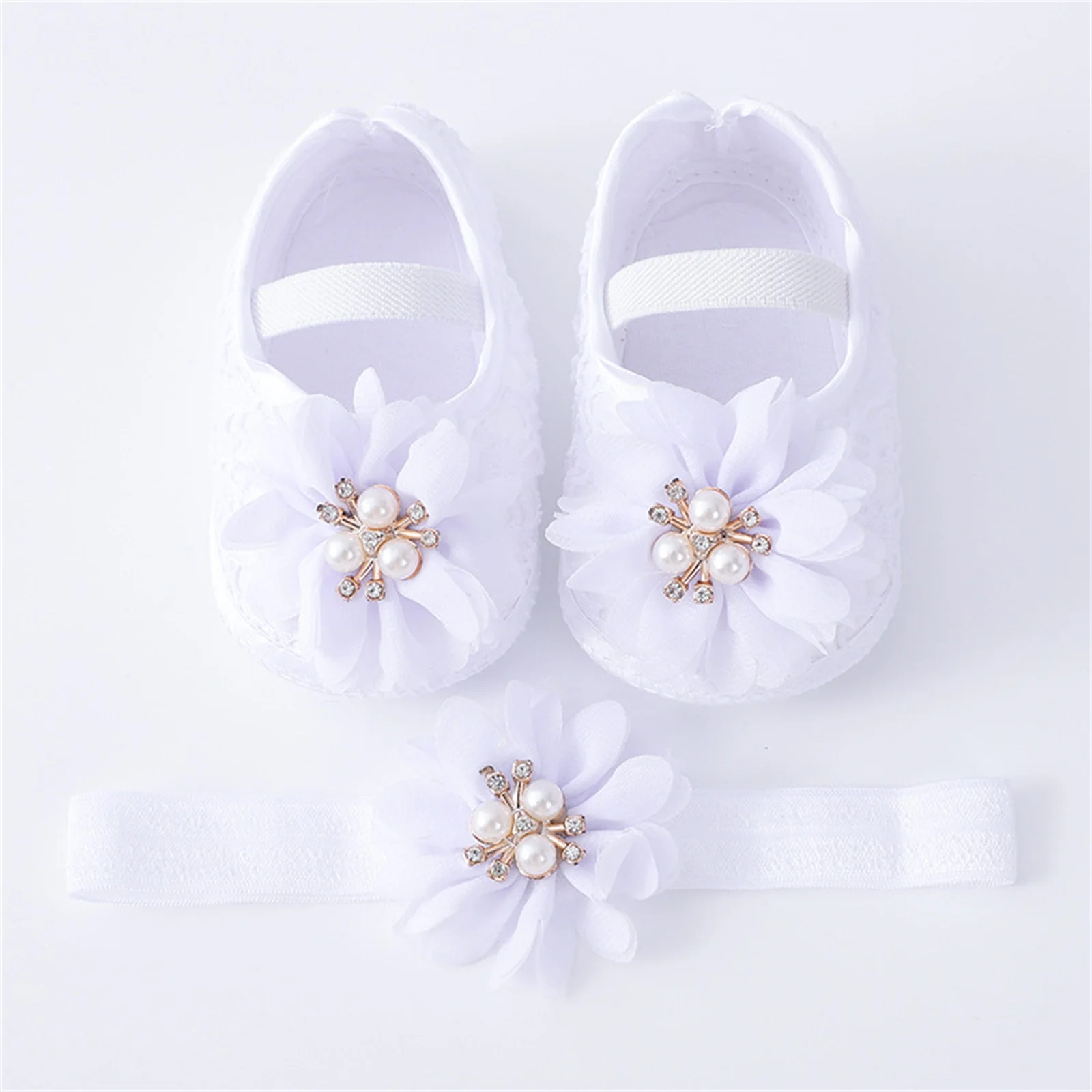 Casual Shoes Infant Baby Girls Flats Headband Soft Sole Non-slip Pearl Flower Princess Wedding Dress Walking for Newborn