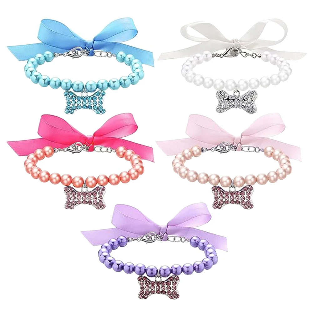 

5 Pieces Dog Cat Pearl Collars Necklace Set Fancy Crystal Dog Pearl Necklace For Puppy Pets Dogs Cats (S) Dropshipping