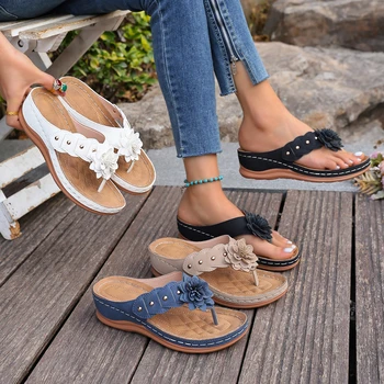 Comfortable Floral Wedge Flip Flops for Women, Studded Detail, Toe Post Summer Sandals