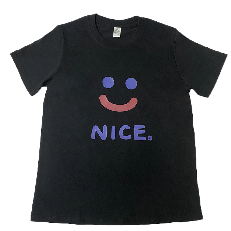 

Women Tees Black T-shirts Solid Cotton Tops Smile Print O Neck Short Sleeve Slim Solid Tops Basic Shirts Simple Casual Minimalis