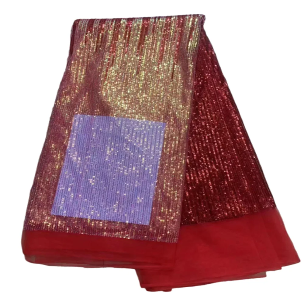 

African lace fabric 2023 latest RED Indian sari fabric high quality tulle sequined lace fabric for wedding dress