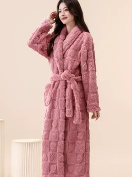 Women's Coral Velvet Bathrobe Thickened Warm Mid-Long Morning Robe Flannel Sleepwear for Autumn Winter Clothing J444