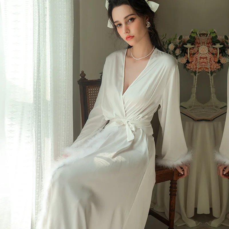 

Sexy Bride Wedding Morning Feather Robe Women Long Kimono Bathrobe Gown Spring Summer Satin Sleepwear Nightgown Loose Home Dress