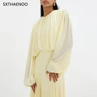 SXTHAENOO Yellow Dinner Loose Folds Maxi Dresses Women O Neck Shoulder Pud High Waist Temperament Dress Female Fashion Clothing - Image 2