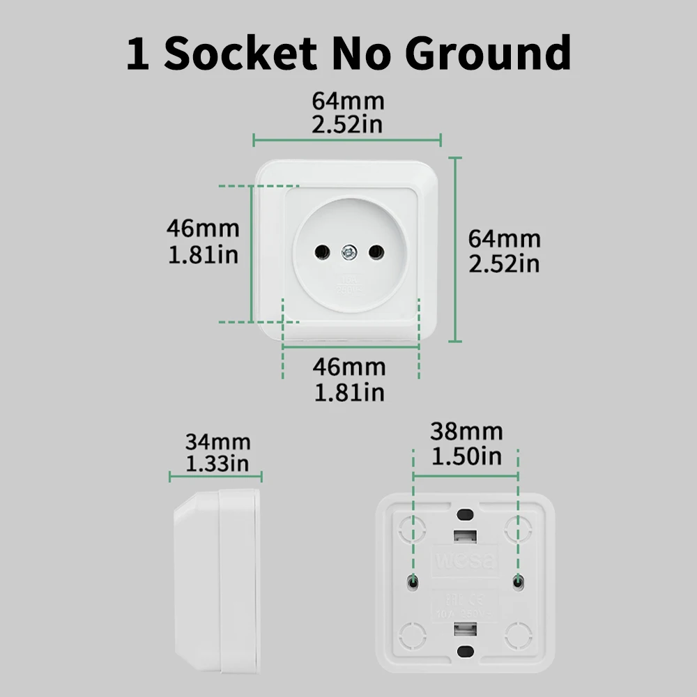 EU Standard Plugs Socket Flame Retardant Electrical Outlets Paint Plastic Not Ground Wall Mounted 250V Surface