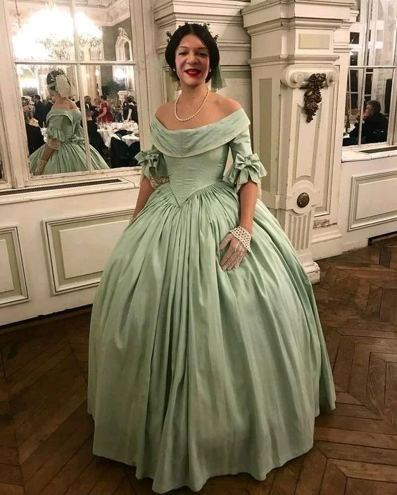 

1880s Victorian Fancy Green Dress Gothic Civil War Southern Belle Princess Gown Women Elegant Vintage Off Shoulder Dress