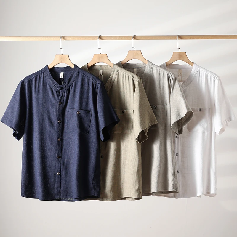 

Деловая рубашка из хлопка и льна, модная блуза с короткими рукавами, на пуговицах, однотонная, приталенная, для улицы и путешествий