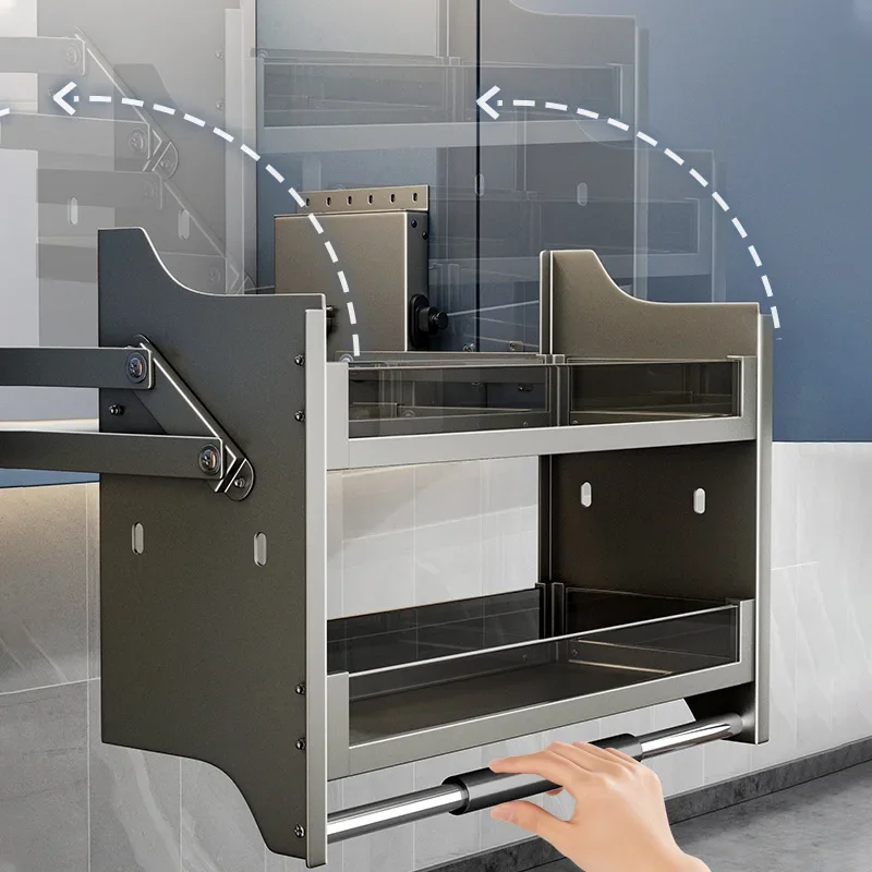 Kitchen Lift Basket, Modular Kitchen, Double Layered Storage Shelves with Upper and Lower Buffering, Multiple Sizes, Gun Gray