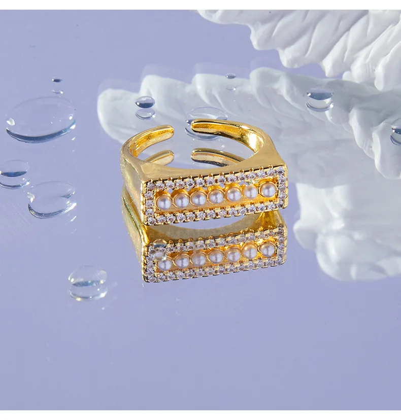 Modischer Imitationsperlen-Offener Ring für Damen, Kupfer Quadratischer Luxus-Strass-Ring, Sommerlicher Wasserfester Schmuck – Detail 9