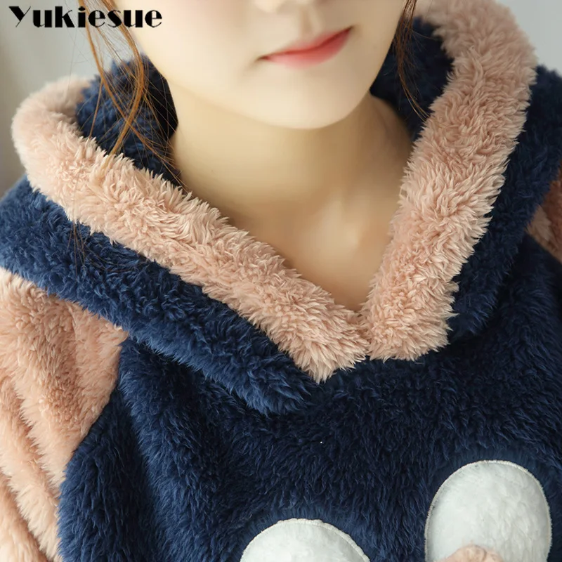New Autumn Winter Women Flannel Pajamas Set Bear Hooded Pajamas Sleepwear Coral Fleece Thickened Warm Pyjamas Home Clothing
