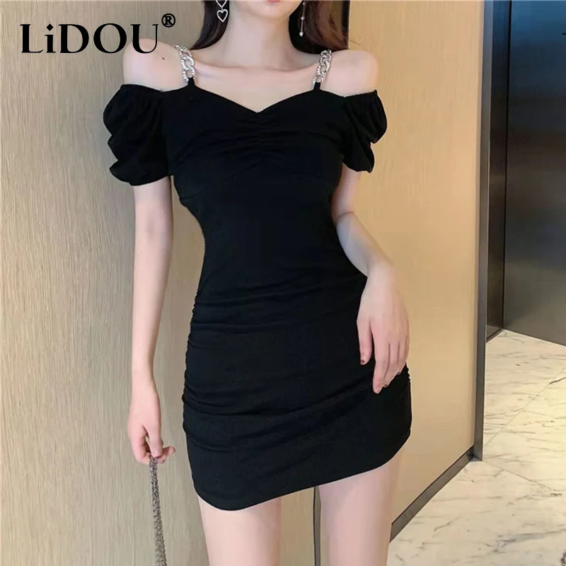 2022 Summer Nightclub Fashion Solid Sexy Off Shoulder Chain Slip Bodycon Dresses Women Puff Sleeve Elegant Pleated Dress Vestido