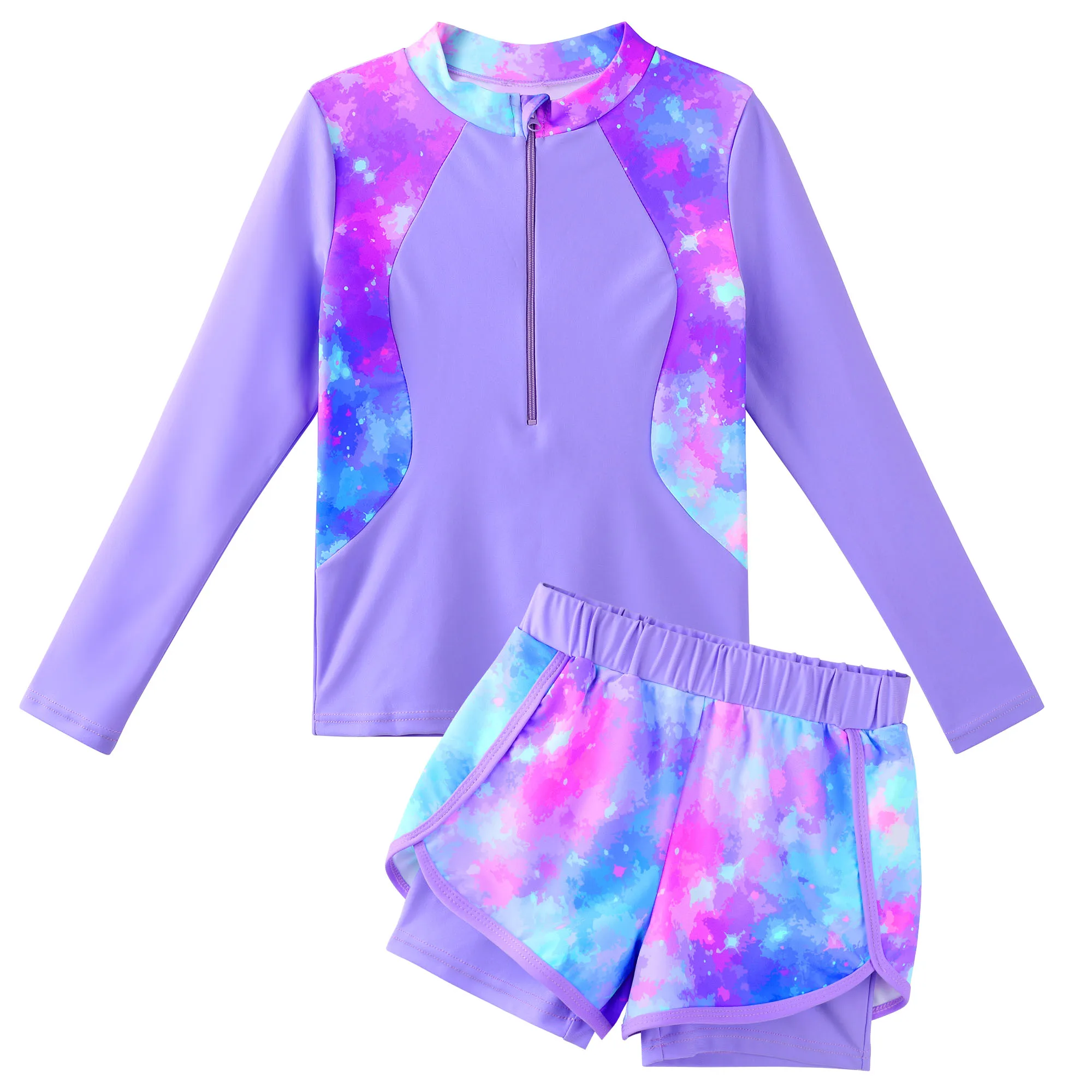 Girls' Long Sleeve Swimsuit UV 50+ Sun Protection Tankini Set Zipper Kids Surfing Bathing Children